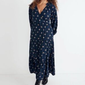 Madewell Navy Floral Tiered Challis Midi Dress Boho Prairie Long Sleeve XL